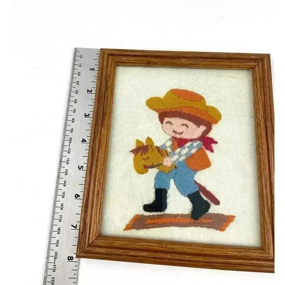VTG 70's Little Boy Playing Crewel Embroidered Framed Wall Art 7"x 8" Western - Picture 7 of 8